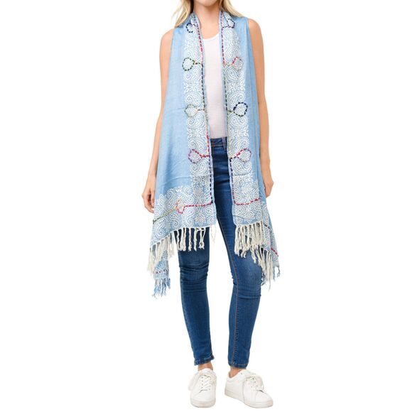 New Design Long Vest Boho Embroidered Gift Fringe Cool Blue Skyler Vest 1 Size - Picture 3 of 5
